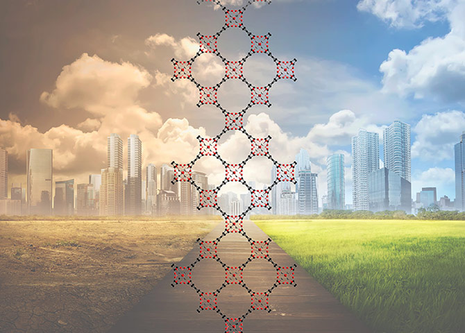 landscape with a polluted city and a clean city separated by a graphic of molecules